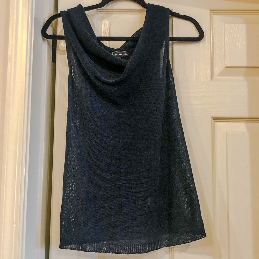 Adrianna Papell Navy Sheer Sleeveless Cowlneck Sweater Tank